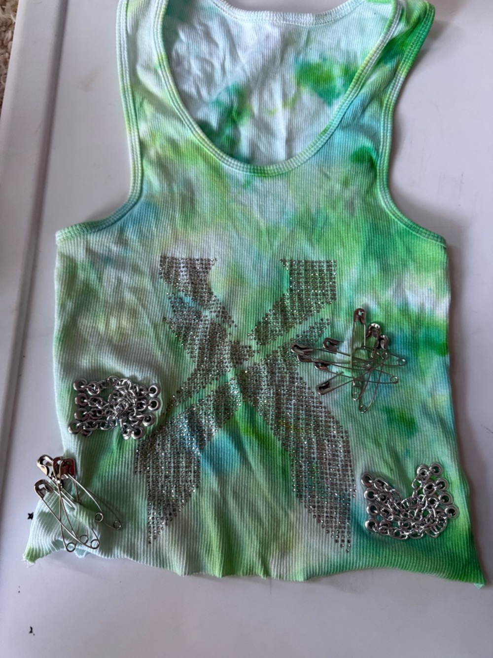 Luxe Festival Wear OAK Tie-Dye Green Tank Top with Rhinestone X logo & hardware